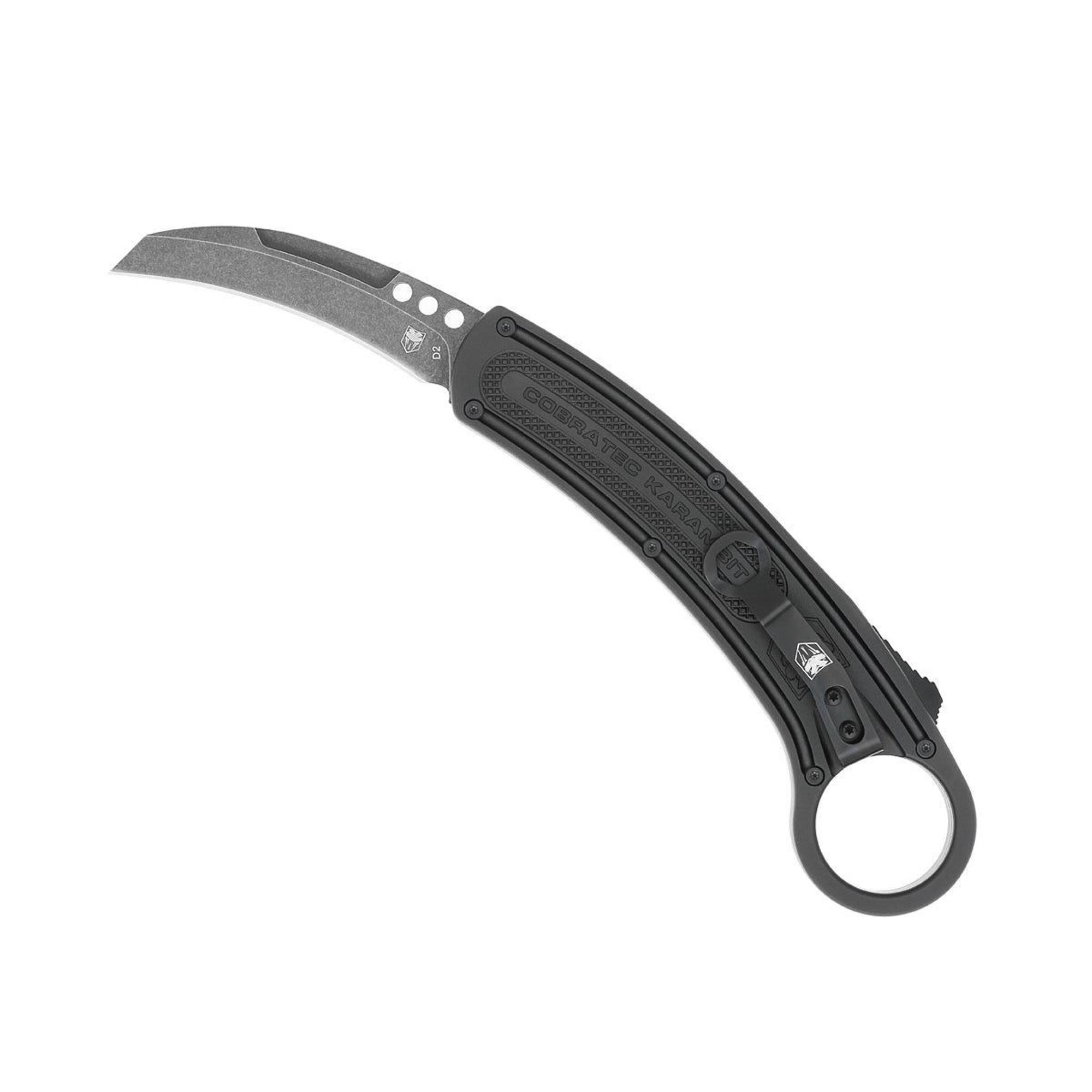 Cobratech Knives Auto Karambit RH 2.75 Inch Stonewash D2 Blade, Black Aluminum Handle | COBRATEC | 10007724